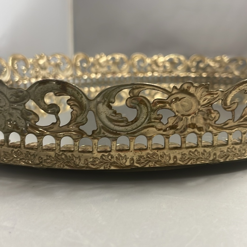 Vintage Mirror Vanity Tray 14” Ornate Reticulated Brass Gold Tone Oblong - Picture 2 of 8